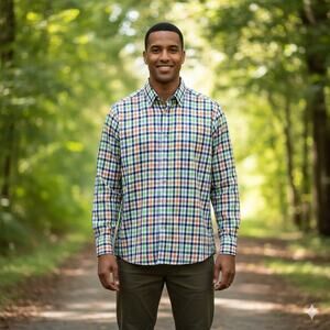 Jared Lang Blue Green Orange Plaid Cotton Long Sleeve Shirt Small